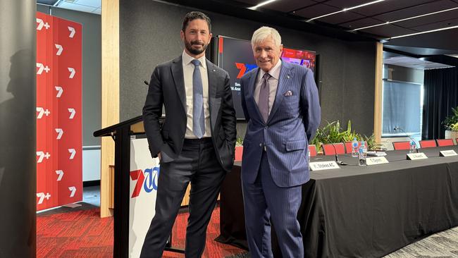 Director Ryan Stokes and chairman Kerry Stokes at the Seven West Media AGM on Thursday. Picture: Joseph Lam