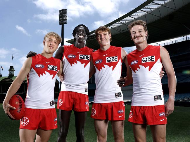 **EMBARGOED ONLINE UNTIL 9AM WEDNESDAY DEC 11 ** Sydney Swans draftees at the SCG and their playing numbers Jesse Dattoli #18, Riak Andrew #20, Ned Bowman #23 and Riley Bice #26. Photo by Phil Hillyard (Image Supplied for Editorial Use only - **NO ON SALES** - Â©Phil Hillyard )