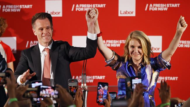 Chris Minns with his wife Anna on election night. Picture: Sam Ruttyn