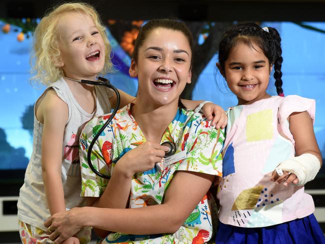 Alexandra Kelsey, 6, and Ruav Takhar, 3, with Nurse Steph Caldwell at the Monash Children’s Hospital. Picture: Kylie Else