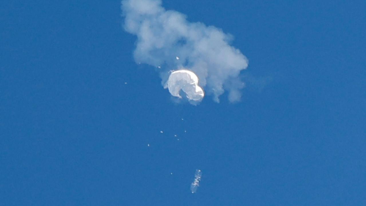 The Chinese spy balloon is shot down by a US fighter jet. Picture: Randall Hill/Reuters