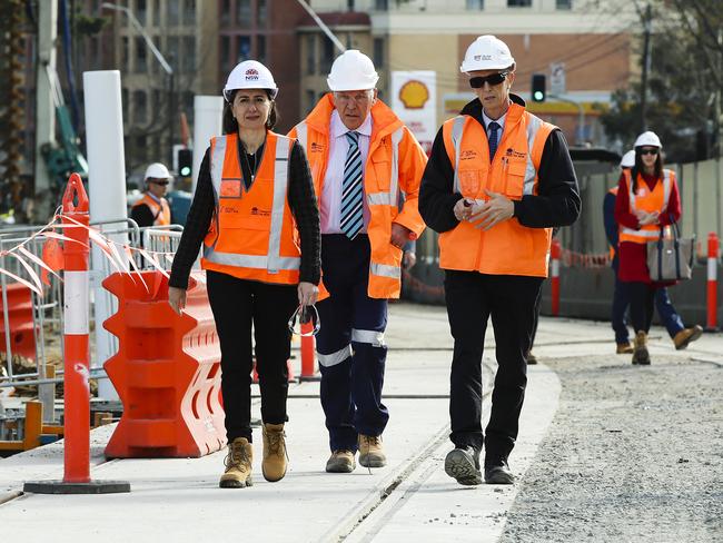 Premier Gladys Berejiklian inspects the progress on the Sydney Light Rail Project with Project Director Andrew Summers and AlTrack CEO Glenn Bentley. Picture: Justin Lloyd