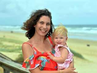 Letea Cavander with her daughter Tallulah Stuart at Coolum Beach. Picture: John McCutcheon