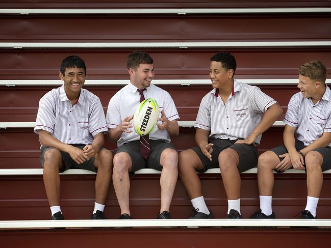 Rugby players from Marsden State High School ltr Mark Nosa, Luke Bossons, Mace Andrew and Jahrel Conlon, will play in the Grand Final. Thursday September 3 2020. (Image Sarah Marshall)