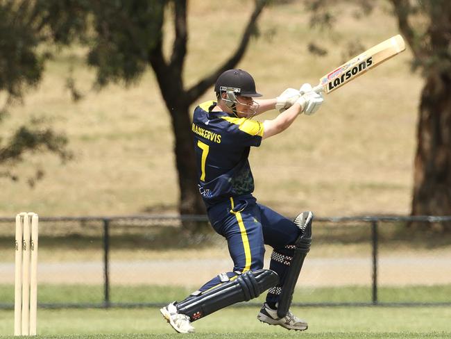 Callum Nankervis of Plenty Valley rocks back and plays a cut shot. Picture: Hamish Blair