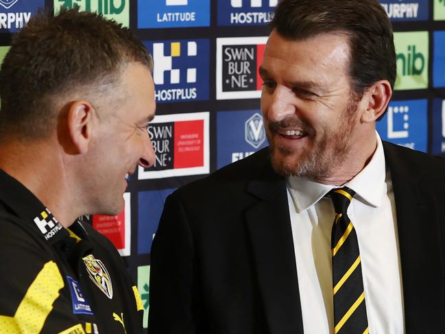 MELBOURNE, AUSTRALIA - September 22, 2023. AFL .   New Richmond coach Adam Yze faces the media with president John O'Rourke and CEO Brendon Gale at the Tigers Punt Road headquarters.   Photo by Michael Klein.