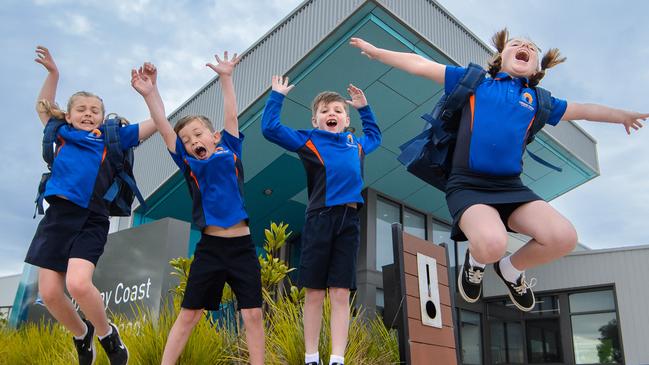 Regional students at stand alone primary schools return back to school on Monday.Torquay Coast Primary Sc tool students, Pia (8) and Jye (6) Monks and Jagger (7) and Harlow (9) Barnett canÃ¢â¬â¢t wait for School to reopen.Picture: Jay Town