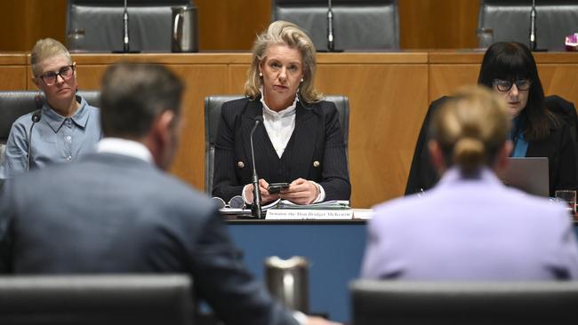 Qantas chairman Richard Goyder and CEO of Qantas Vanessa Hudson and Qantas Group's General Counsel Andrew Finch appear before the Senate inquiry into Australia's bilateral air rights. Picture: NCA NewsWire / Martin Ollman