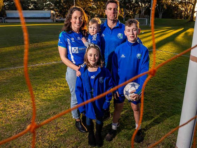 Charlotte and Michael Reimer with kids Bruce, 10, Chelsea, 7, and Luigi, 2, are  worried they won't be able to play soccer at UniSA Magill campus as its future is uncertain, pictured on July 2nd, 2024.Picture: Tom Huntley