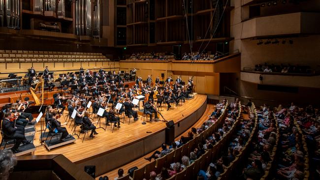 Yidaki/didgeridoo player William Barton performing with the Queensland Symphony Orchestra at QPAC Concert Hall, conducted by Katharina Wincor. Picture: Darren Thomas