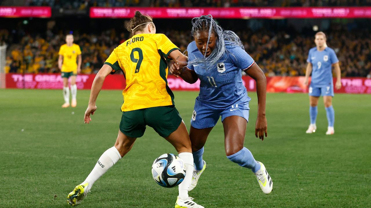 Kadidiatou Diani competes with Caitlin Foord for the ball. Photo by Daniel Pockett/Getty Images