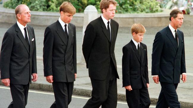 Prince Philip, Duke of Edinburgh, Prince William, Earl Spencer, Prince Harry and Prince Charles during Princess Diana’s funeral procession. Picture: Jeff J. Mitchell/Pool/AFP