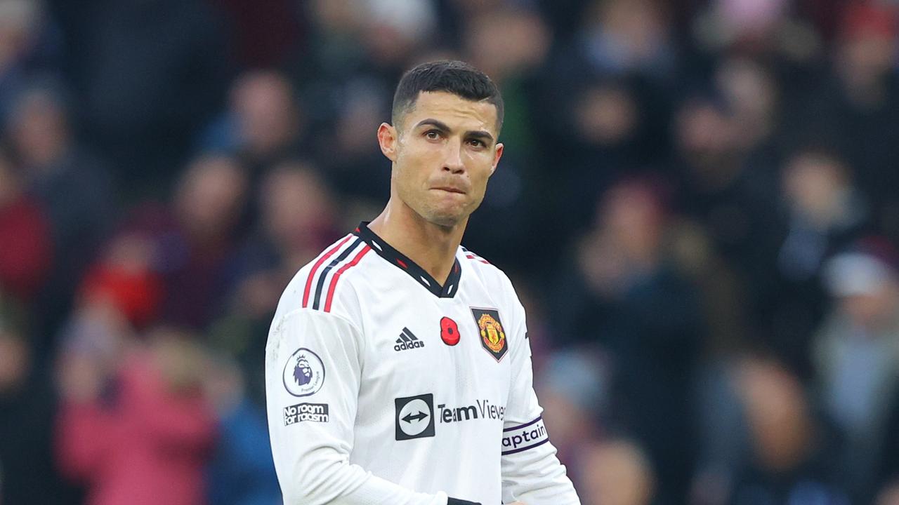 BIRMINGHAM, ENGLAND – NOVEMBER 06: Cristiano Ronaldo of Manchester United reacts after their sides defeat during the Premier League match between Aston Villa and Manchester United at Villa Park on November 06, 2022 in Birmingham, England. (Photo by James Gill/Getty Images)