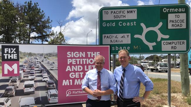 Prime Minister Scott Morrison and LNP member for Forde Bert van Manen were in Yatala to announced a $50m funding injection for the Gold Coast stretch of the M1. Picture: Andrew Potts