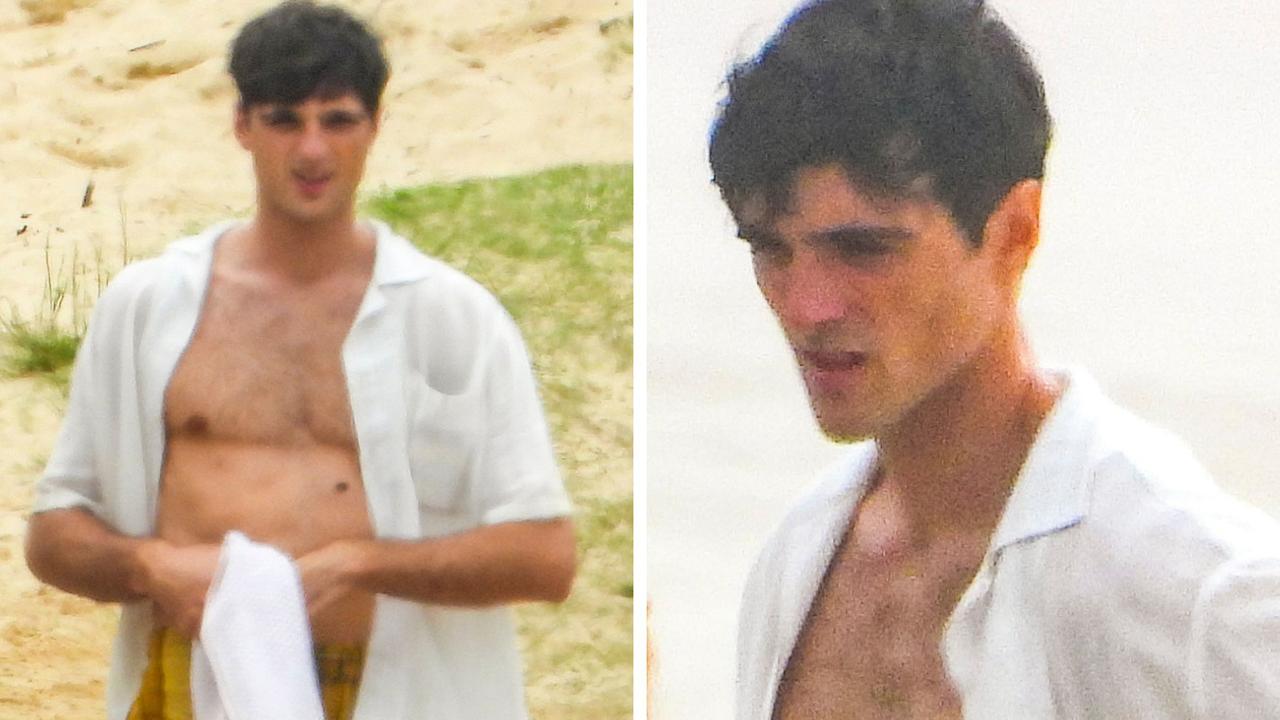 Aussie actor Jacob Elordi seen filming on beach in Sydney. Picture: Media Mode