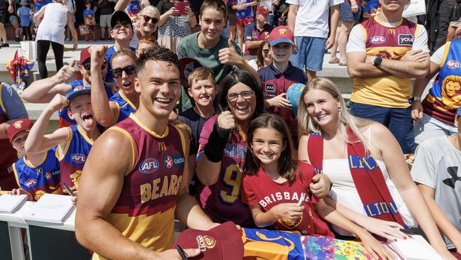 Cam Rayner with Lions fans at Brighton Homes Arena. Picture: Lachie Millard