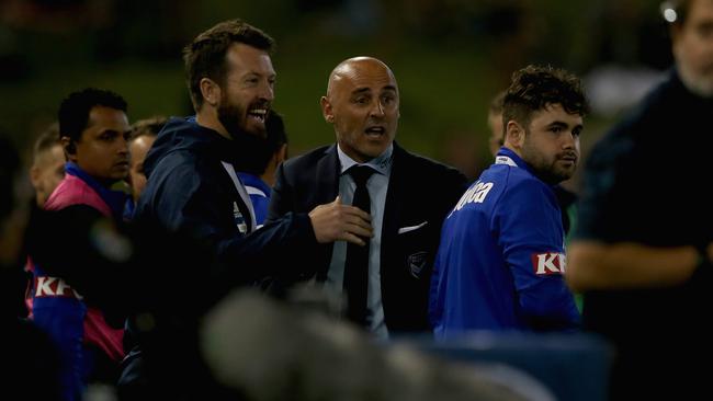 Melbourne Victory coach Kevin Muscat celebrates his side’s win over Newcastle Jets on Saturday night. Picture: Getty Images