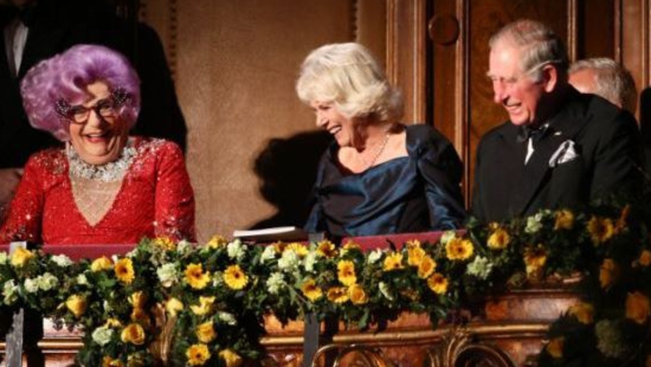 Dame Edna Everage with Charles and Camilla. Picture: Supplied