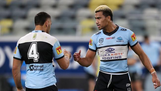 Jesse Ramien (left) and Ronaldo Mulitalo both bagged doubles against the Cowboys on Saturday night. Picture: AAP Image/Cameron Laird