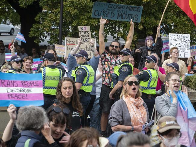 Anti-trans activists outside the Tasmanian Parliament as Equality Tasmania and LGBTQI+ supporters counter protest the Let Women Speak rally. Picture: Chris Kidd