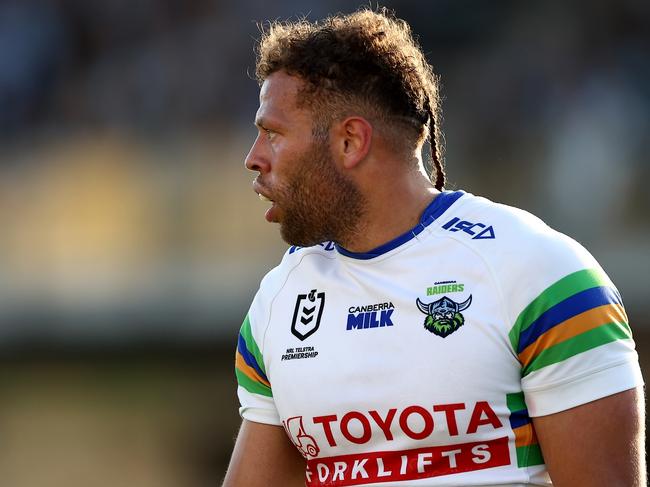 SYDNEY, AUSTRALIA - SEPTEMBER 03: Sebastian Kris of the Raiders looks on during the round 27 NRL match between Cronulla Sharks and Canberra Raiders at PointsBet Stadium on September 03, 2023 in Sydney, Australia. (Photo by Jeremy Ng/Getty Images)