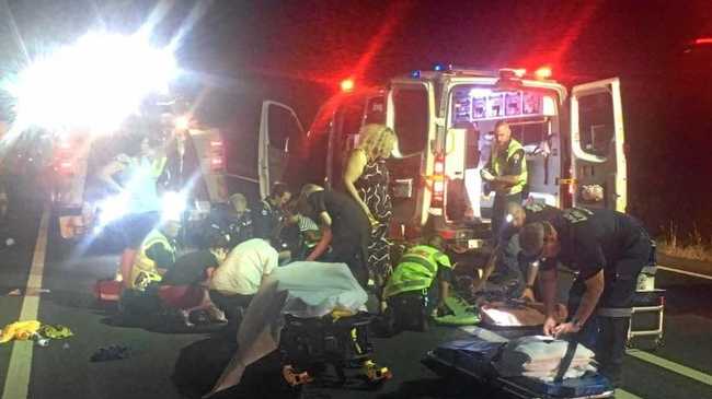 A man was airlifted to hospital in a critical condition after he was struck by two vehicles on the Warrego Highway. Picture: 7 News Toowoomba