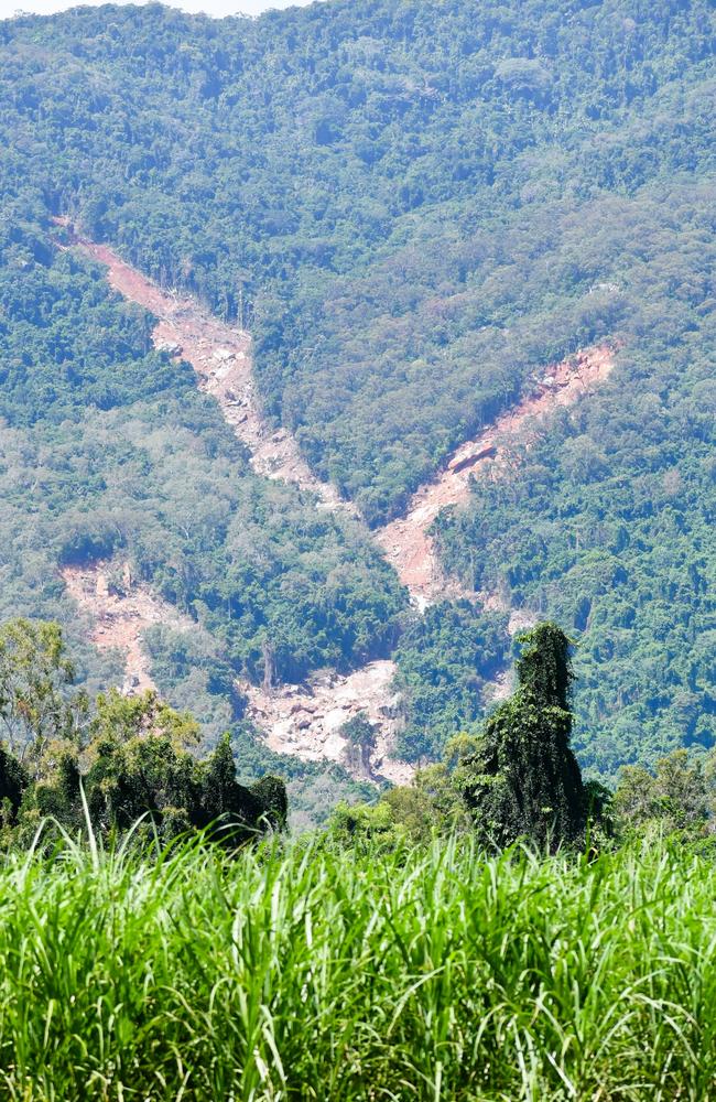 A cane field at the base of the largest of a number of giant landslides in the Paluma Ranges in Hinchinbrook Shire following the flood disaster. Picture: Cameron Bates