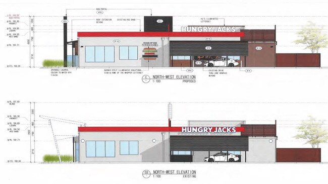 The drive-through side of the Gympie Hungry Jack’s will receive a new illuminated burger sign, as well as artwork between windows one and two. The bottom diagram shows how the restaurant looked previously, while the top shows how it will look once it reopens.