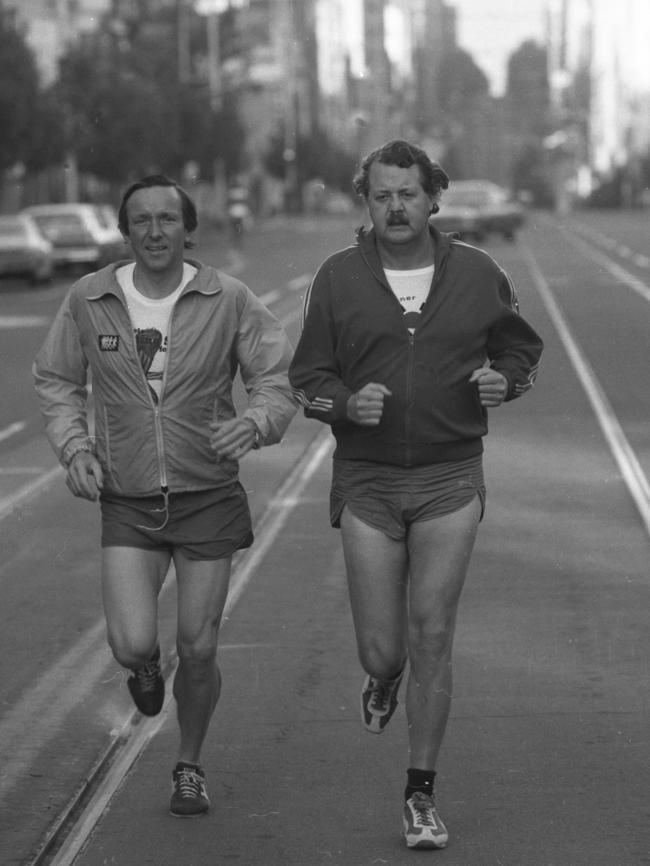 James Fixx and Peter Coster going for a run through Melbourne in the 1970s.