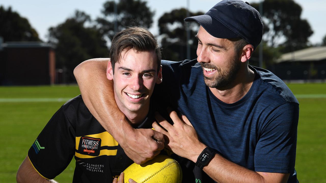 EMBARGOED *** DO NOT USE - SPEAK TO SA PIC DESK FIRST ON 08 8206 2316 OR ANDREW CAPEL *** 29/10/19 - SA AFL Draft prospect Callum Park with his step brother Scott Bricknell. Picture: Tom Huntley