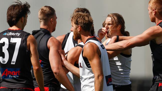 With a new season comes new energy as Jake Stringer and Mason Redman had a brief coming together on the training track. Picture: Michael Willson/AFL Photos via Getty Images