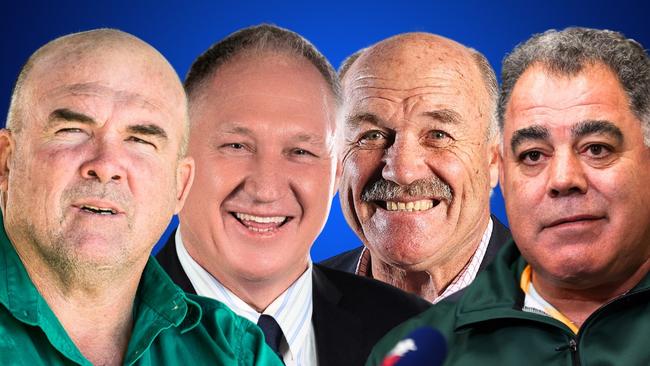 Martin Bella (left) who is running for his third term as councillor at Mackay Regional Council has slammed Steve Jackson (second from left) for recruiting his famous NRL mates including Wally Lewis and Mal Meninga to star in his election campaign.