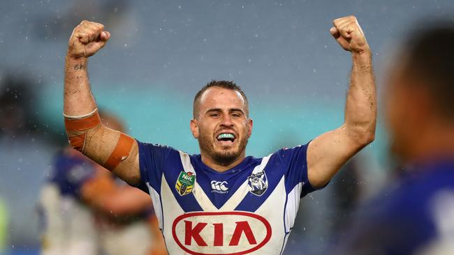 Josh Reynolds celebrates the Bulldogs’ win over the Broncos. Picture: Gregg Porteous.