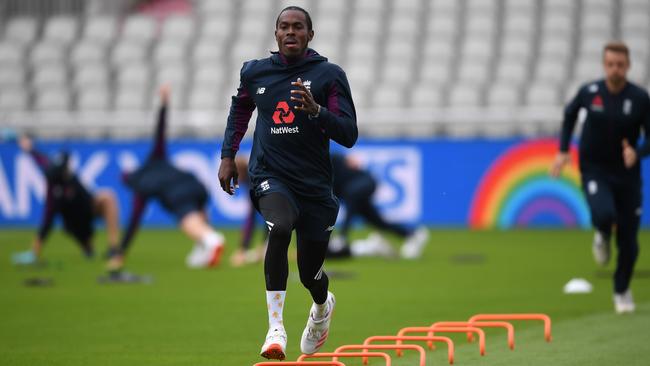 England fast bowler Jofra Archer works out at Old Trafford in Manchester for a Test match he now won’t play