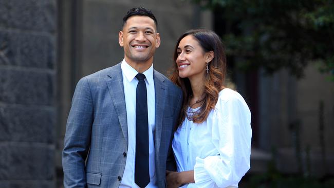 Israel Folau with his wife Maria in Melbourne on the day they settled with Rugby Australia. Picture: Aaron Francis