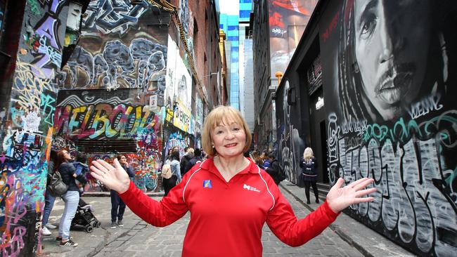 City of Melbourne volunteer guide Jeanette Williams in Hosier Lane, one of the most asked-for destinations in Melbourne. Picture: David Caird