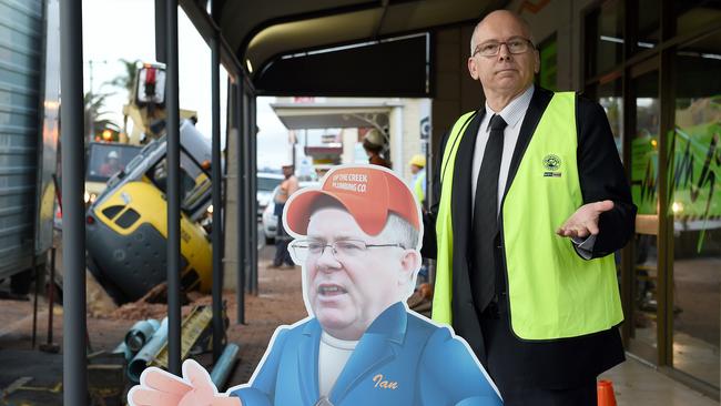 Opposition water spokesman David Pisoni with our Substitute Ian Hunter cutout after the Water Minister again refused to attend another major burst mains pipe. Picture: Naomi Jellicoe