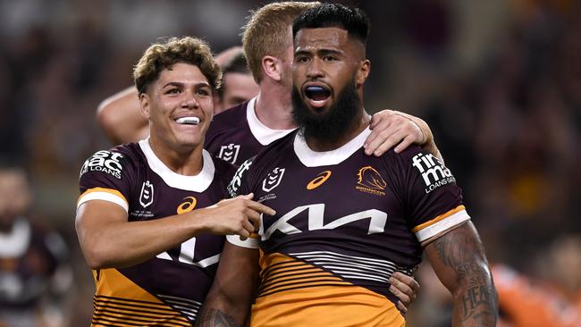 Payne Haas celebrates his try with Reece Walsh. Picture: NRL Photos