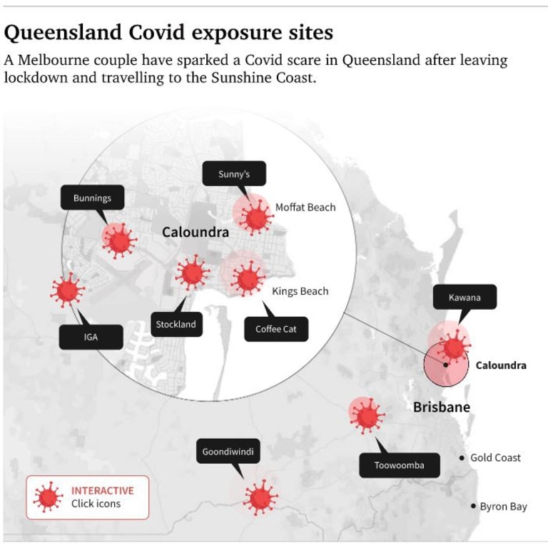 A map of Queensland showing locations visited by a Victorian couple who left Melbourne during Covid-19 lockdown