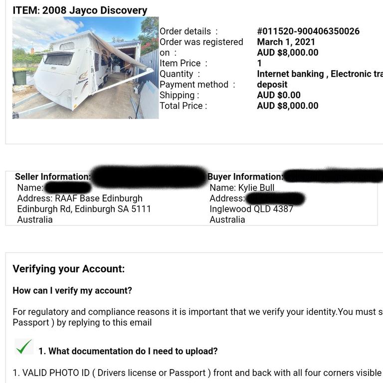 A screenshot from the conversation between Kylie Bull and the scammer displays the scam caravan involved in the fraudulent online sale. Picture: Contributed courtesy of Kylie Bull