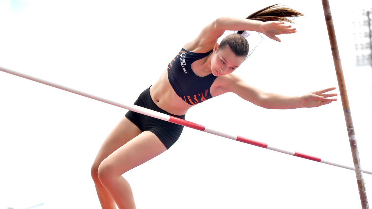 Summer Sullivan, High Jump Queensland athletic state titles. Saturday March 13, 2021. Picture, John Gass