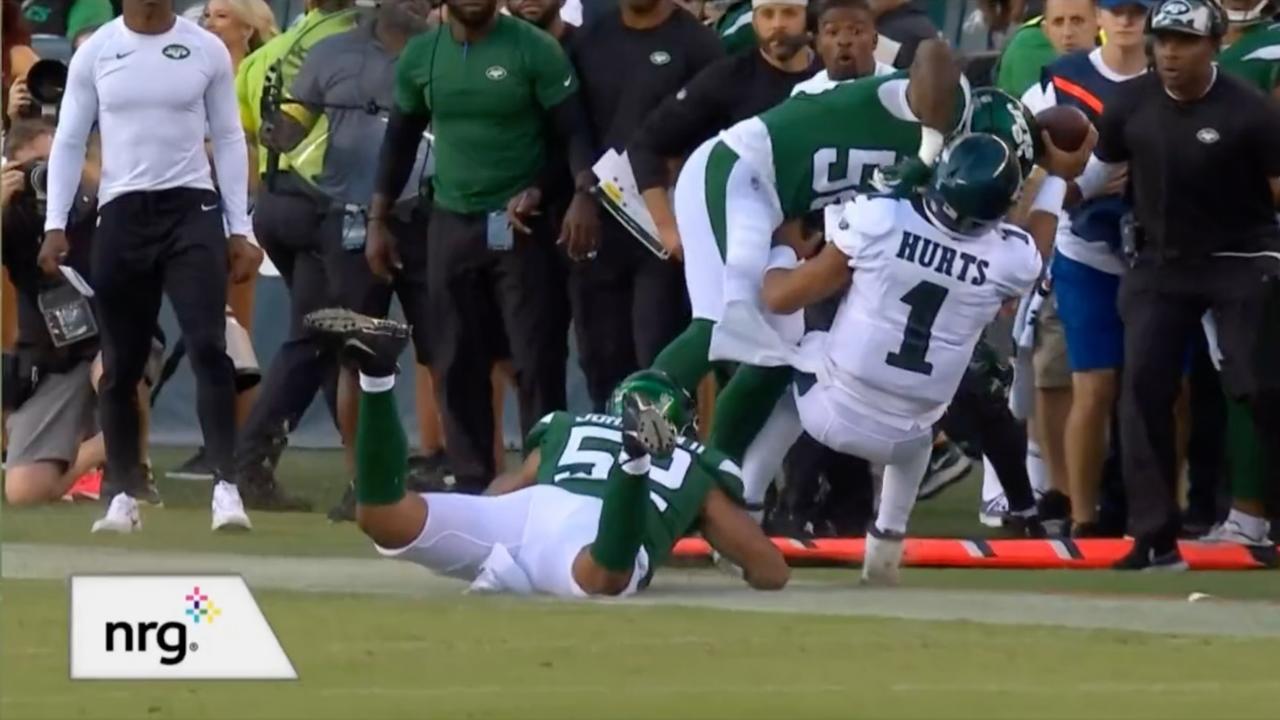 Jalen Hurts rocked out of bounds