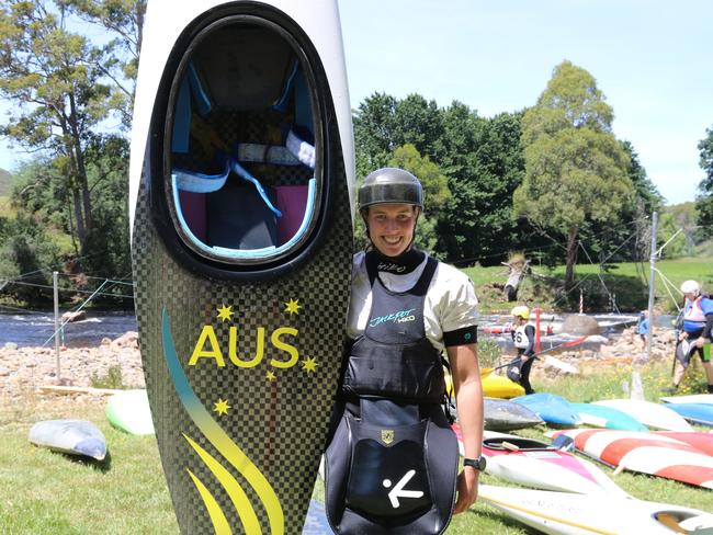 17-year-old Freja Boocock and the kayak she brought from Olympian Jess Fox at the 2025 national age championships at Forth. Picture: Elise Kaine