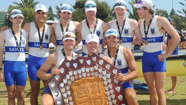 St Peters College’s rowing VIII with the 2021 Intercol Trophy. Picture: Michael Marschall