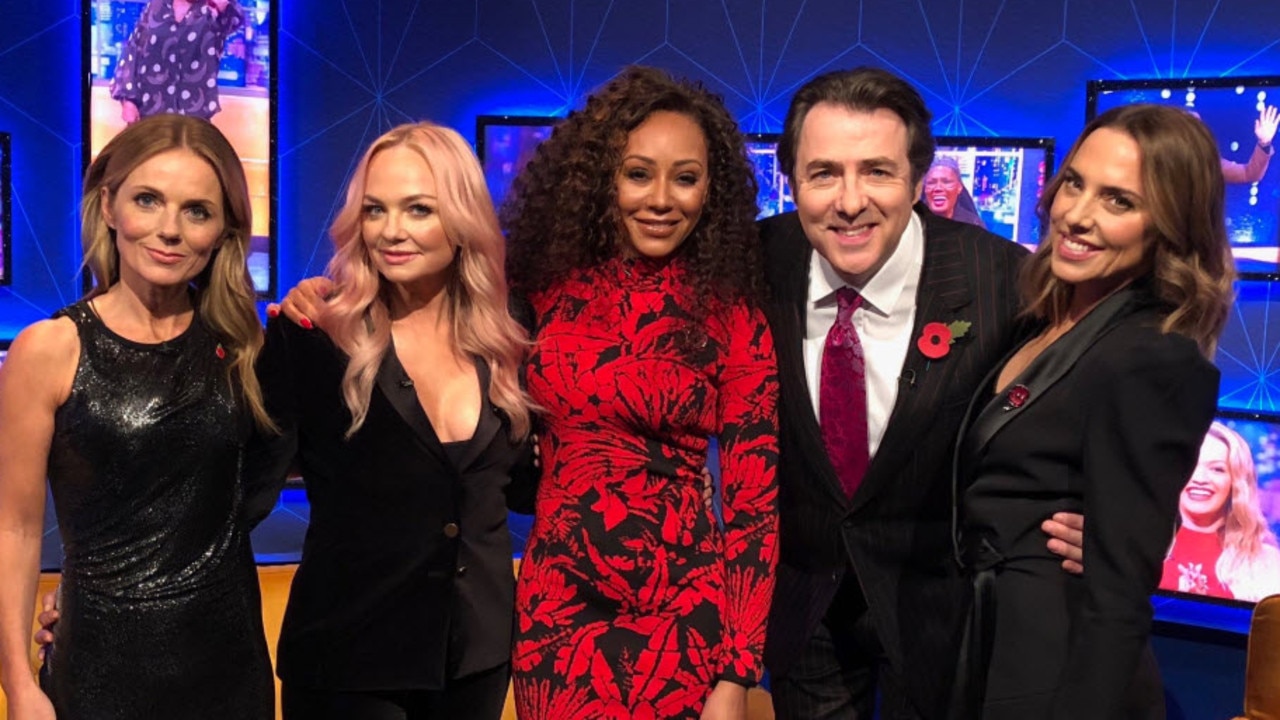 Geri Horner, Emma Bunton, Melanie Brown and Melanie Chisholm reunited to reveal all on their reunion tour on the Jonathon Ross show. Picture: Supplied (@spicegirlsnet)