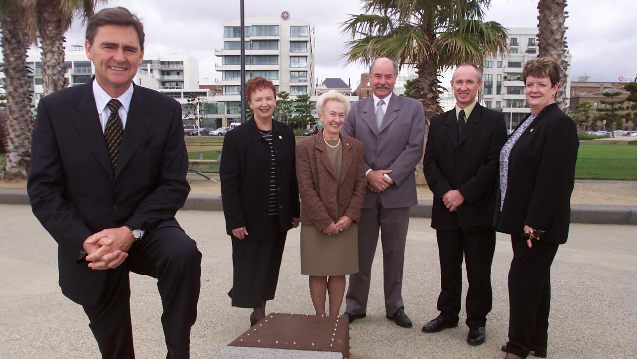 A throwback to 2003 shortly after G21 was formed. From left, then Victorian treasurer John Brumby with Geelong mayor Barbara Abley, Queenscliff mayor Val Lawrence, Golden Plains chief executive Rod Nicholls, G21’s Rob McHenry and Surf Coast Shire mayor Beth Davidson. Picture: Mike Dugdale.