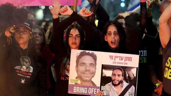 Einav Zangauker (R) at the rally on Saturday in Tel Aviv. Picture: Jack Guez / AFP