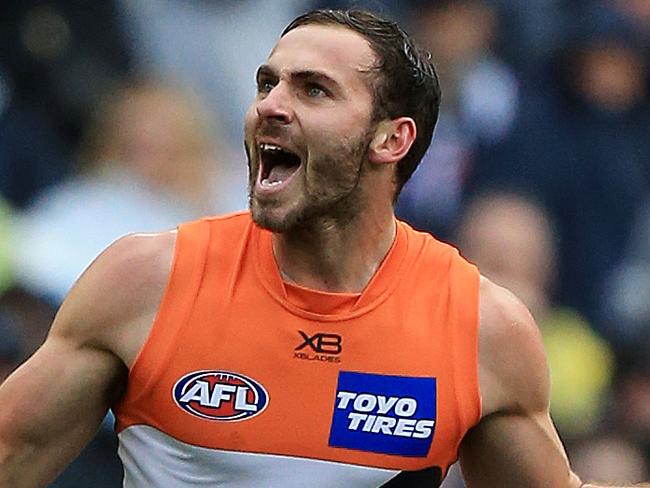 2019 AFL First Preliminary Final at the MCG. Collingwood Magpies v Greater Western Sydney Giants at the MCG. Jeremy Finlayson of the Giants celebrates a goal. Picture: Mark Stewart