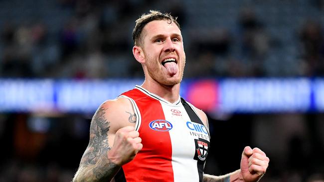 MELBOURNE, AUSTRALIA - JULY 20: Tim Membrey of the Saints celebrates kicking a goal during the round 19 AFL match between St Kilda Saints and West Coast Eagles at Marvel Stadium, on July 20, 2024, in Melbourne, Australia. (Photo by Josh Chadwick/AFL Photos/via Getty Images)