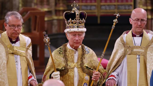 King Charles III stands after being crowned during his coronation ceremony in Westminster Abbey. Picture: Getty Images